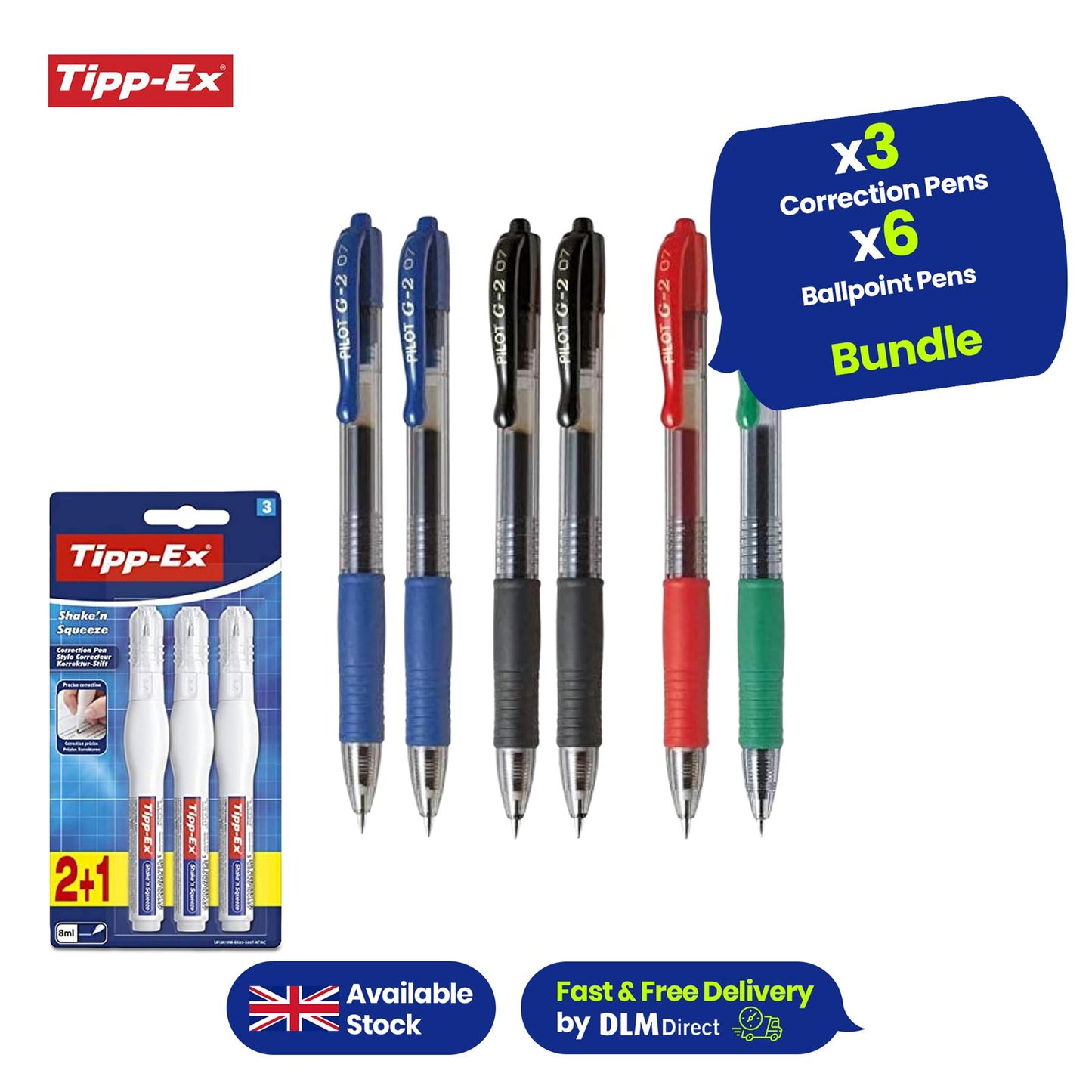 Pilot G-207 Retractable Gel Rollerball Medium - 2BLACK 2BLUE 1RED 1GREEN + Tipp-Ex Correction Pen � 8 ml, - Pack of 3