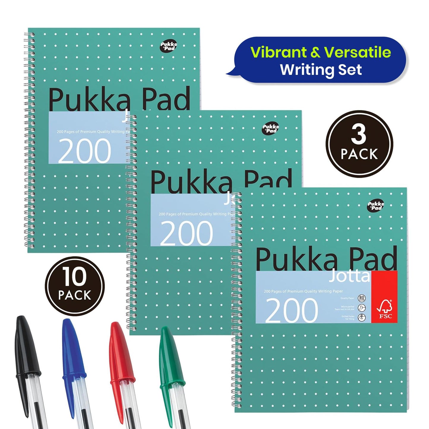 Pukka Pad 3x A4 Jotta Notebook 200 Pages & 10x BIC Cristal Original Ballpoint