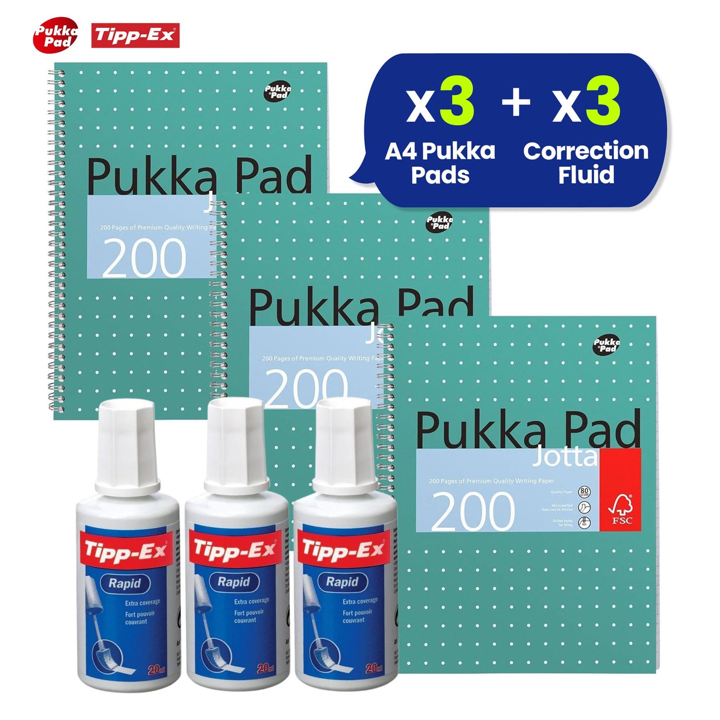 3x Tipp-Ex Rapid Correction Fluid & Pukka Pad A4 Jotta Books, 3 Pack, 200 Pages