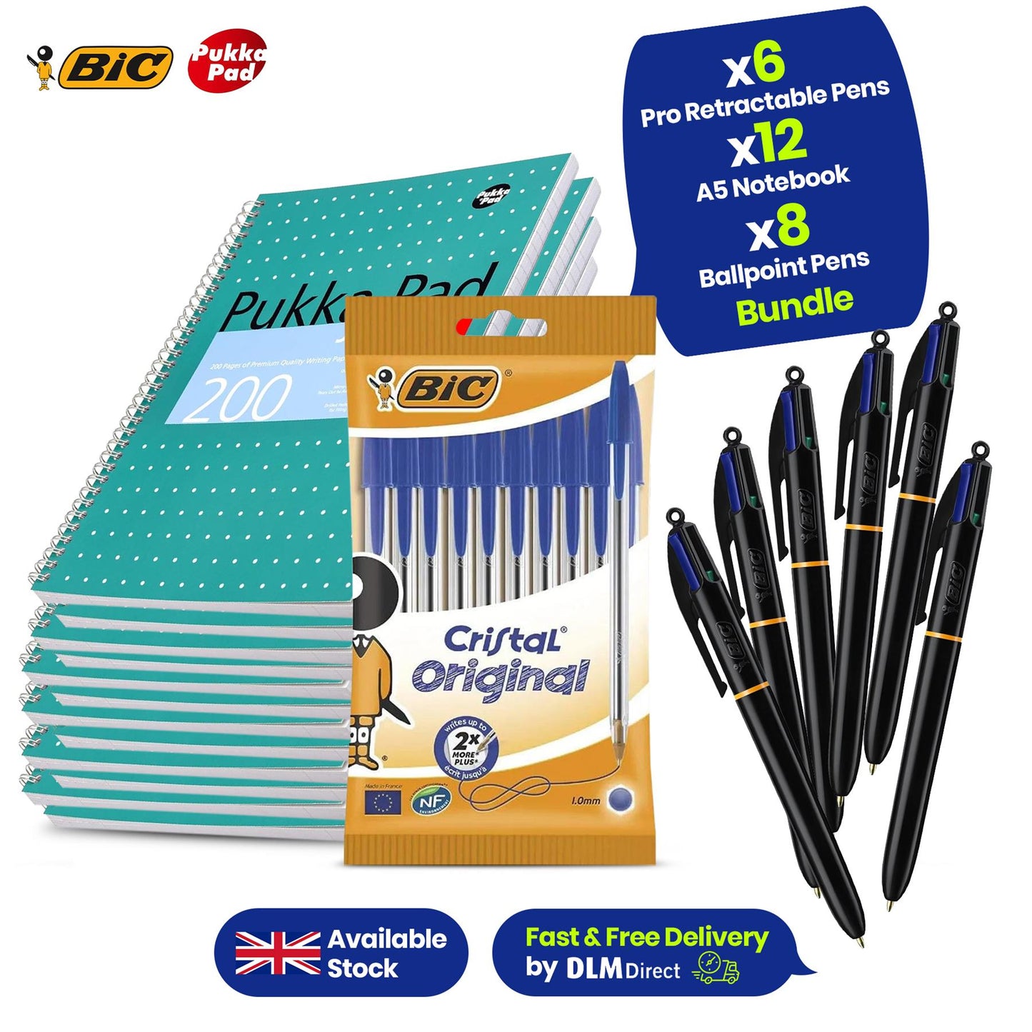 BIC 4 Colours Pro Retractable Ballpoint Pens, Multicolor, Box of 6 + Pukka Pad Jotta A5 Notebook JM021 - Pack of 12 + Bic Cristal Original Ballpoint Pens,