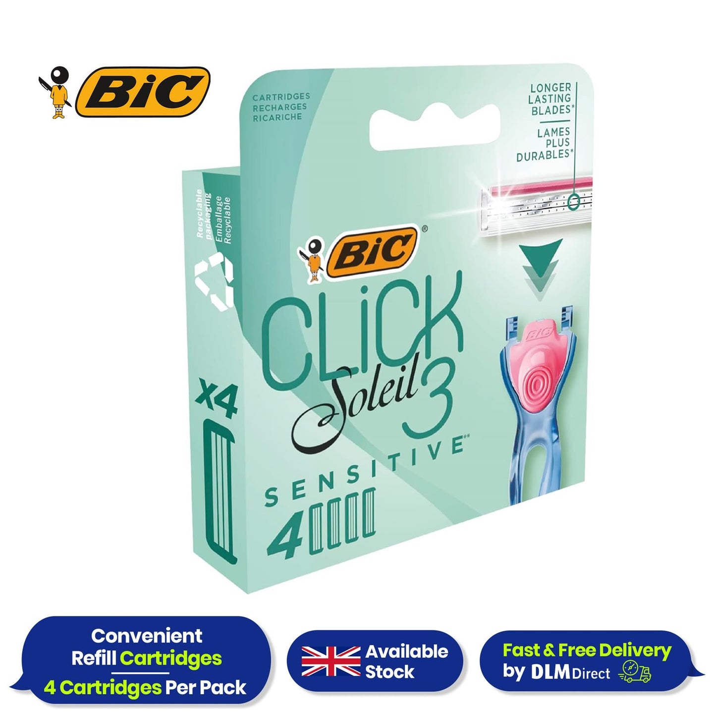 BIC Click 3 Soleil Sensitive Women's Razor Refills - 1 Box of 4 Blades