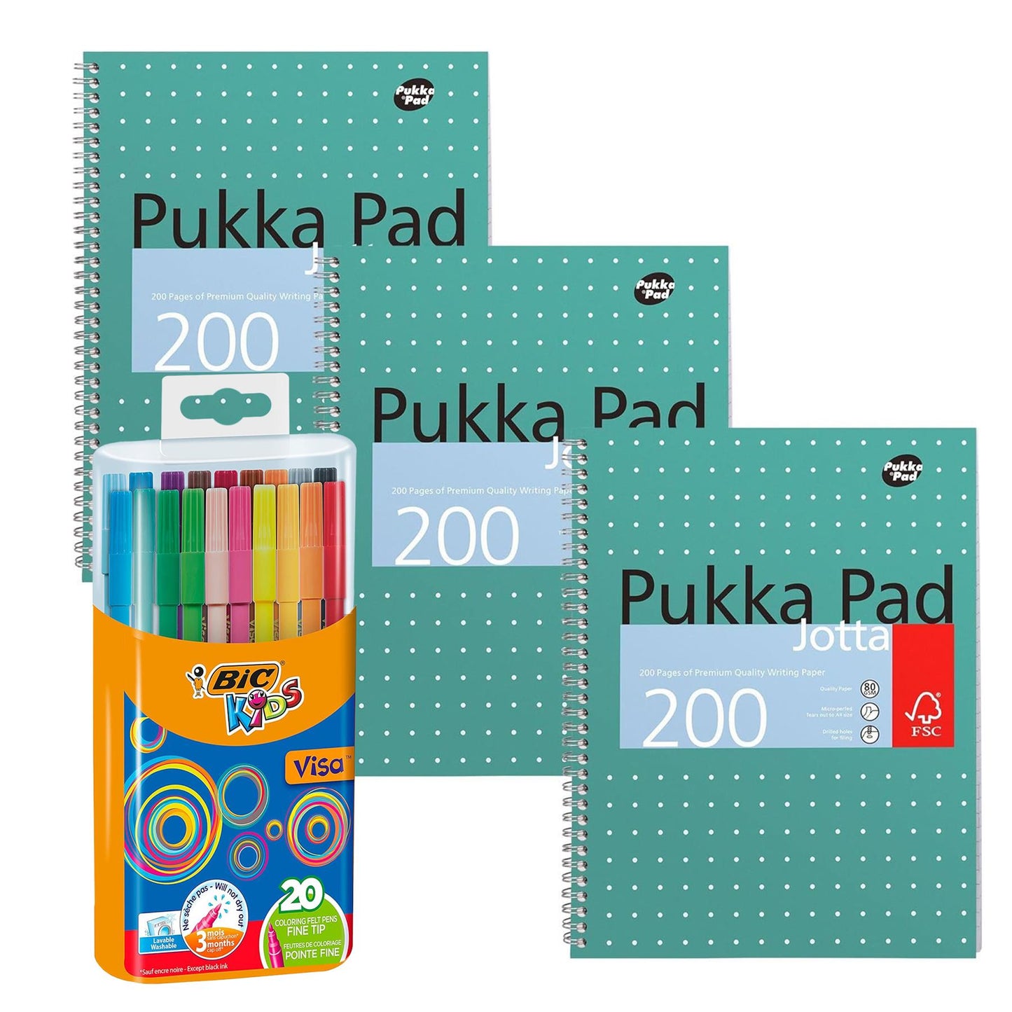 Pukka Pad 3x A4 Jotta Notebook & 20x BIC Kids Visa Colouring Pens Ideal for School and Office Use