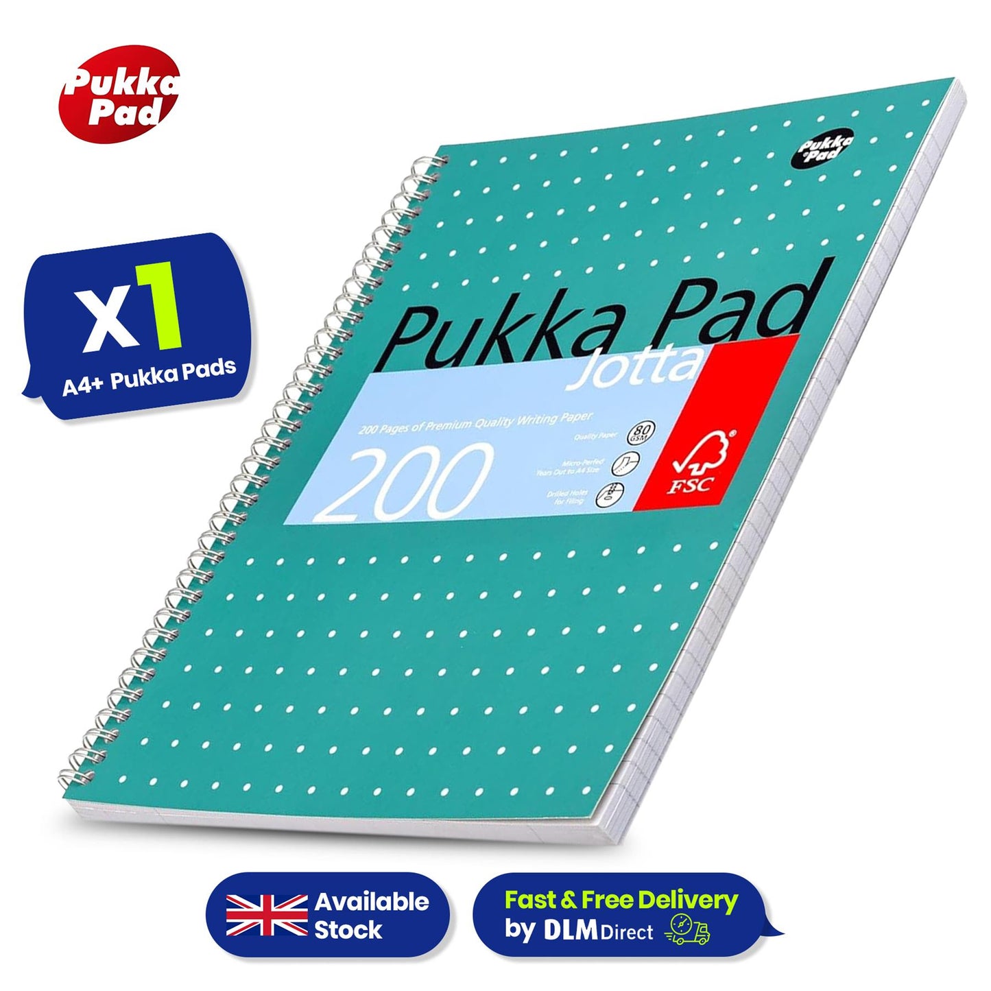 Pukka Pad A4+ Metallic Jotta Book, 200 Pages, 8mm Lined Green, 80 GSM, Wirebound & Perforated for School & Office Use