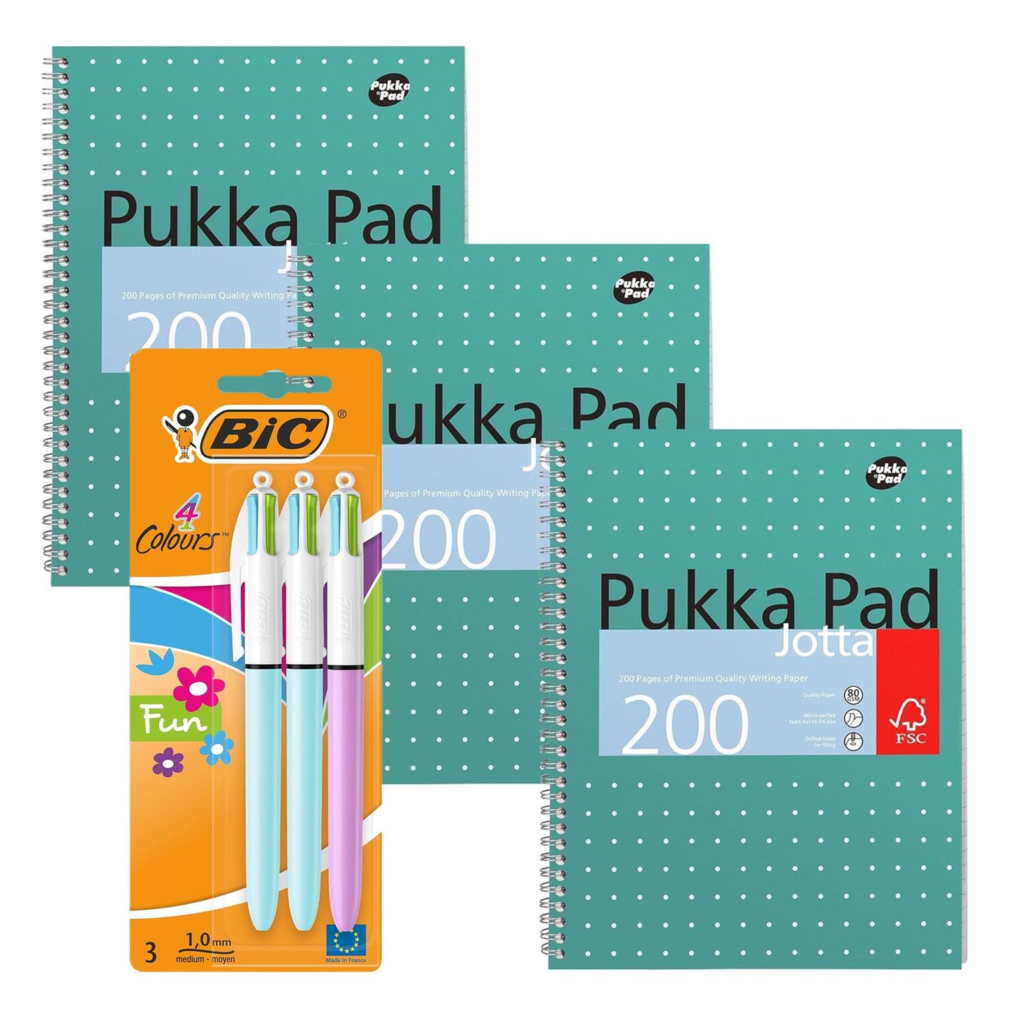 Pukka Pad 3x A4 Jotta Notebook & 3x BIC 4 Colours Fun Pens 1.0mm Medium Tip Ideal for School and Office Use