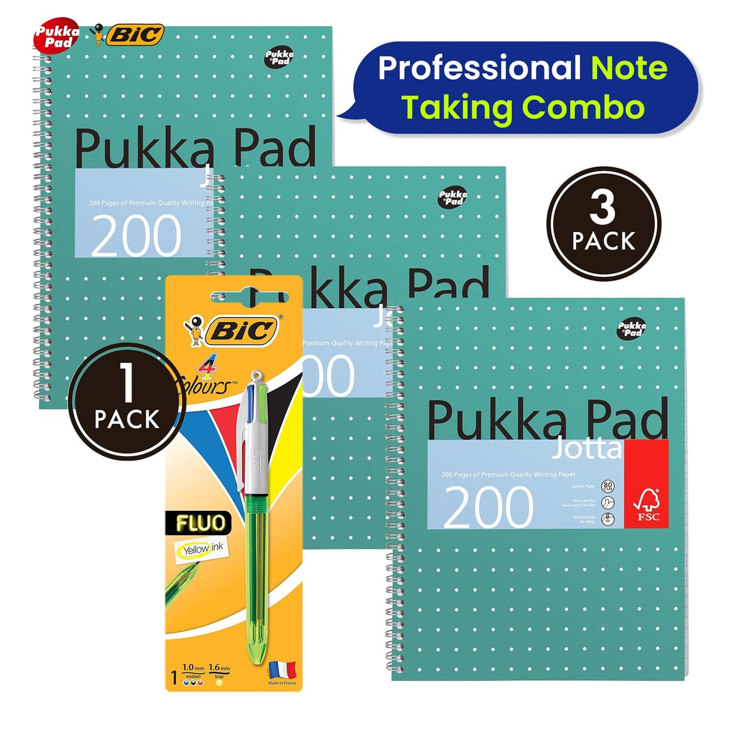 Pukka Pad 3x A4 Jotta Notebook & BIC 4 Colours Fluo Ballpoint Pen Ideal for School and Office Use