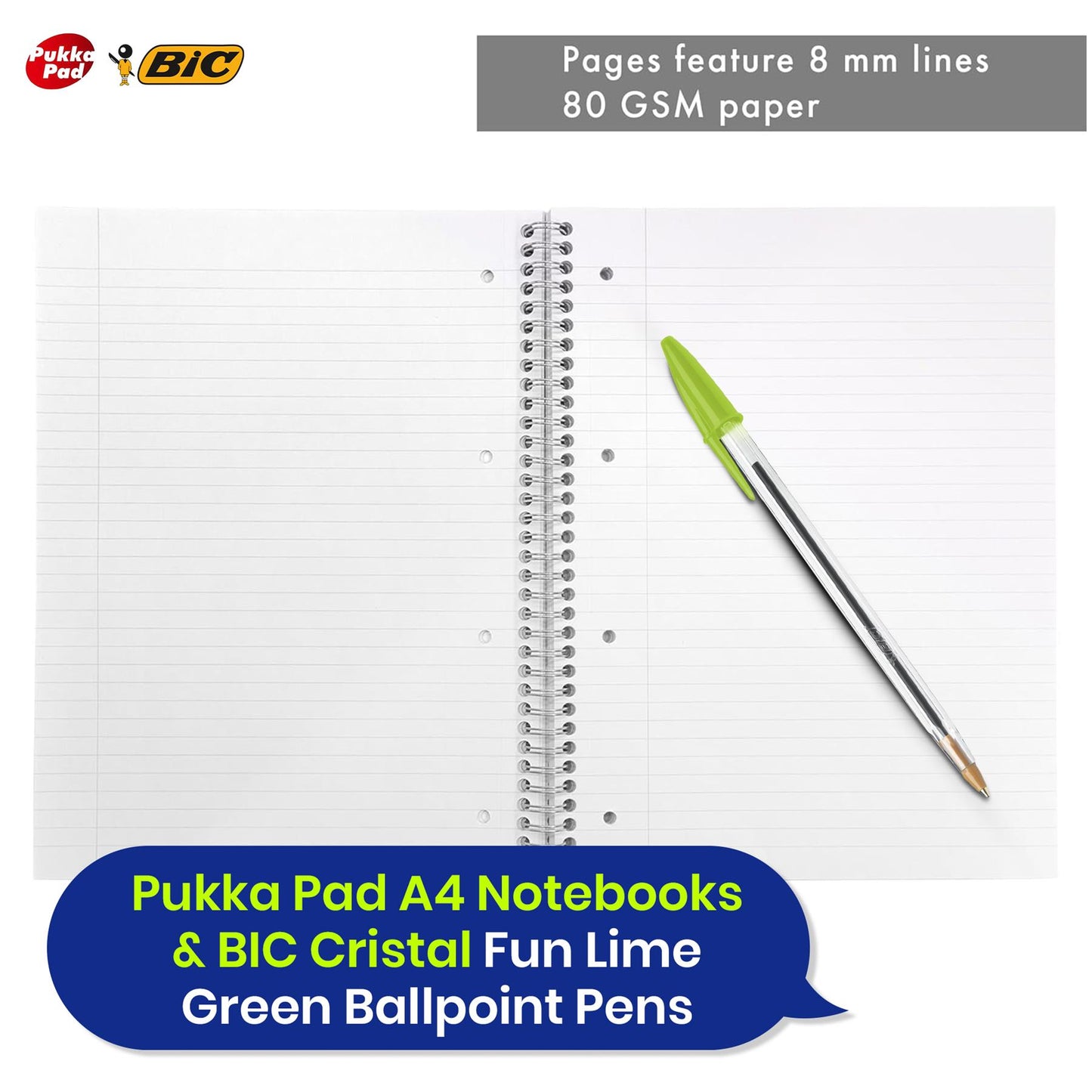 3x Pukka Pad Notebooks & 20x BIC Cristal Fun Lime Green Pens for School & Office Use