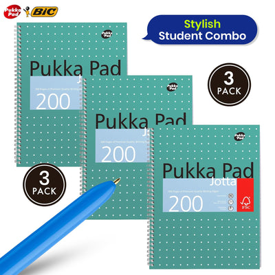 Pukka Pad 3x A4 Jotta Notebook & Pack of 3 BIC 4 Colours Pen Shine & Fluo Ideal for School and Office Use