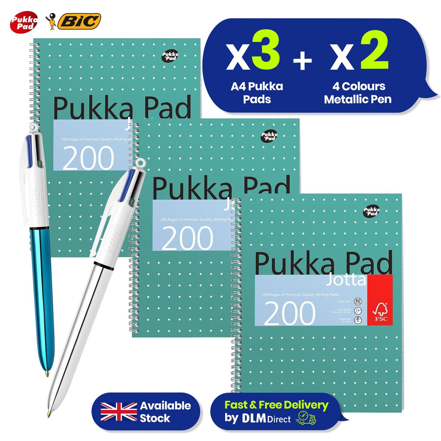 Pukka Pad, A4 Metallic Jotta Book 3 Pack � 21 x 30cm + BIC - Bic 4 Color Metallic Pen 2Pk