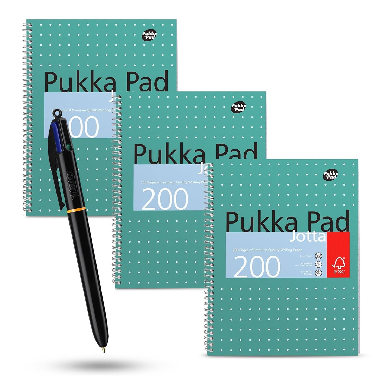 Pukka Pad 3x A4 Jotta Notebook & BIC 4 Colours Pro Ballpoint Pens 1.0mm Medium Tip Ideal for School and Office Use