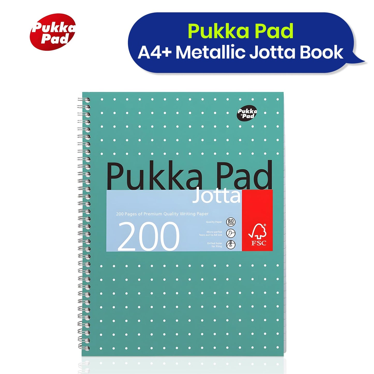 Pukka Pad A4+ Metallic Jotta Book, 200 Pages, 8mm Lined Green, 80 GSM, Wirebound & Perforated for School & Office Use