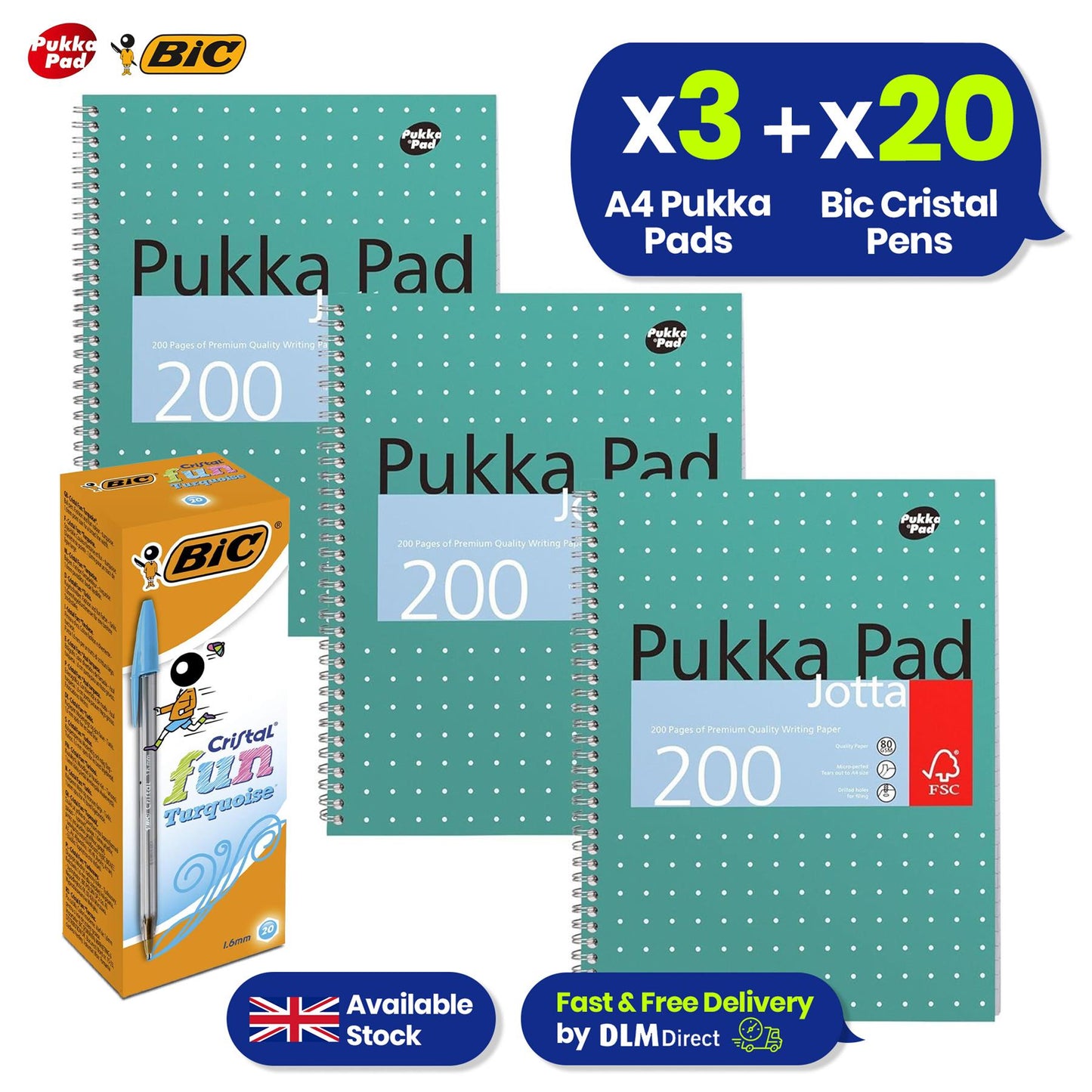 Pukka Pad, A4 Metallic Jotta Book 3 Pack + Bic Cristal Fun Ballpoint Pens, Wide Point (1.6 m), Box of 20, Turquoise Colour