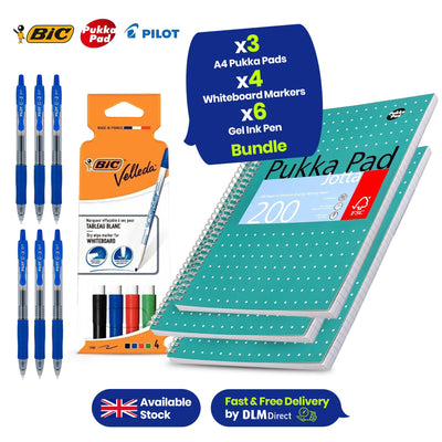 Pukka Pad, A4 Metallic Jotta Book 3 Pack + BIC Velleda 1721 Whiteboard Markers - Assorted Colours, Pack of 4 + PILOT Pen 2605 G2 07 Gel Ink Pen Blue (Pack of 6)