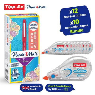 Paper Mate Flair Felt Tip Red Pens 12 Pack & Tipp-Ex Correction Tape 10 Pack for Writing & Corrections