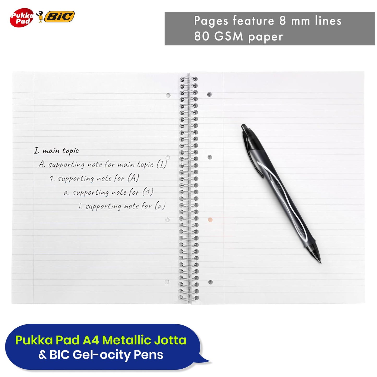 Pukka Pad, A4 Metallic Jotta Book 3 Pack � 21 x 30cm + BIC Gel-ocity Quick Dry Ballpoint Pens, Medium Point (0.7 mm) and Fast Drying Black Colour Ink, Box of 12