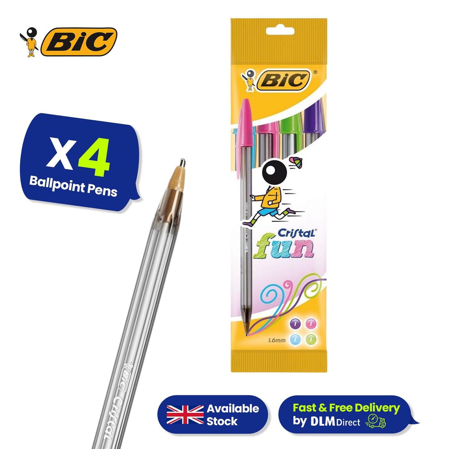 BIC Cristal Fun Ballpoint Pens Assorted Colours 1.6mm 4 Pack