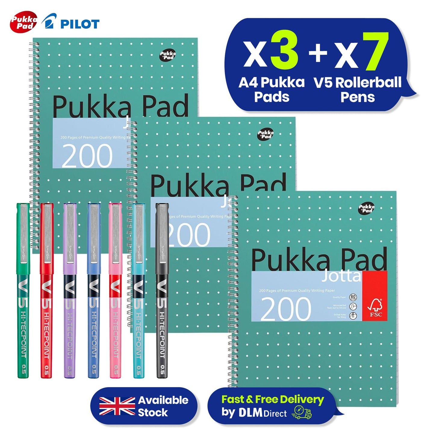 Pukka Pad 3x A4 Jotta Notebook & 7x Pilot BX V5 High Tech Rollerball Pen Ideal for School and Office Use