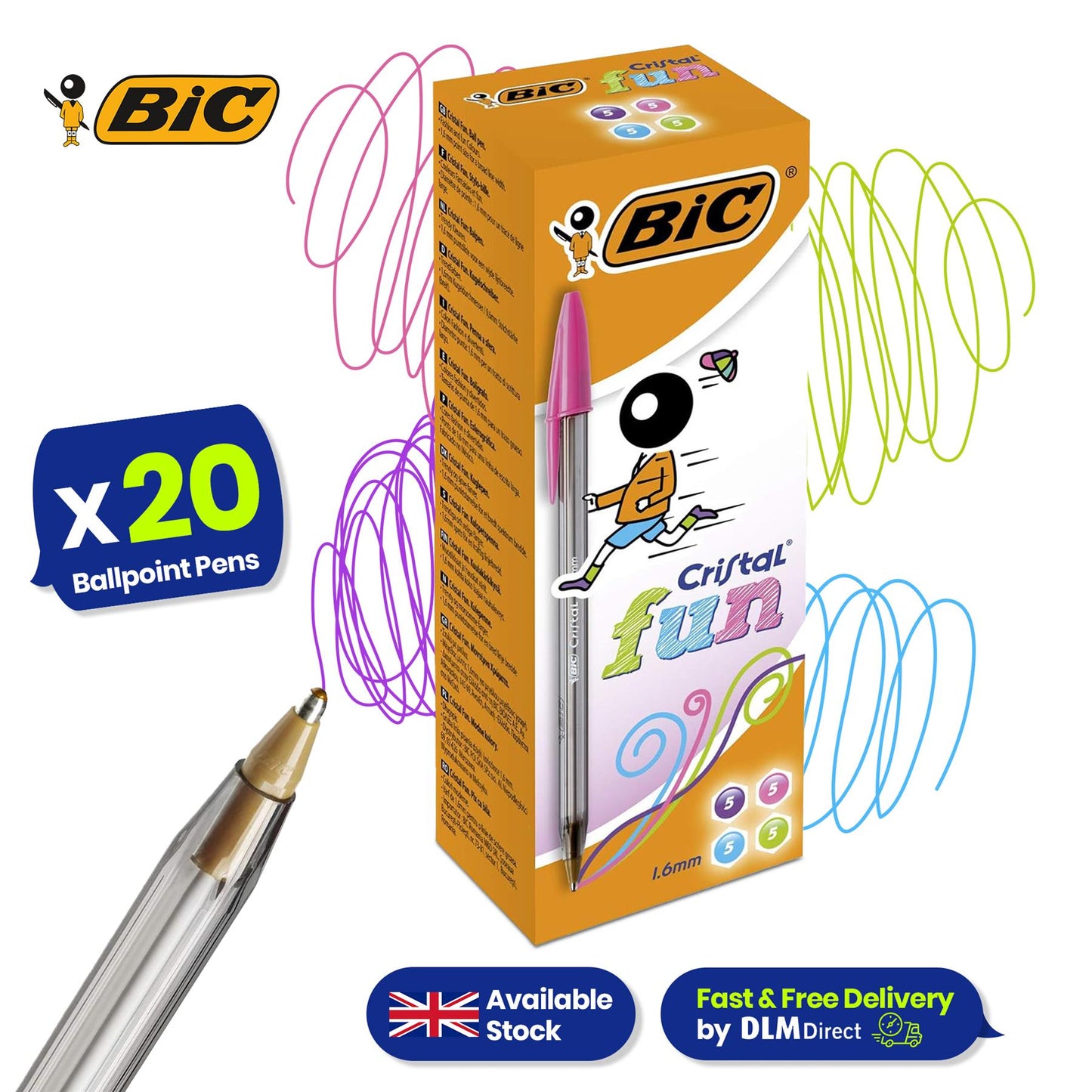 20x BIC Cristal Fun Ballpoint Pens 1.6mm Assorted Colours