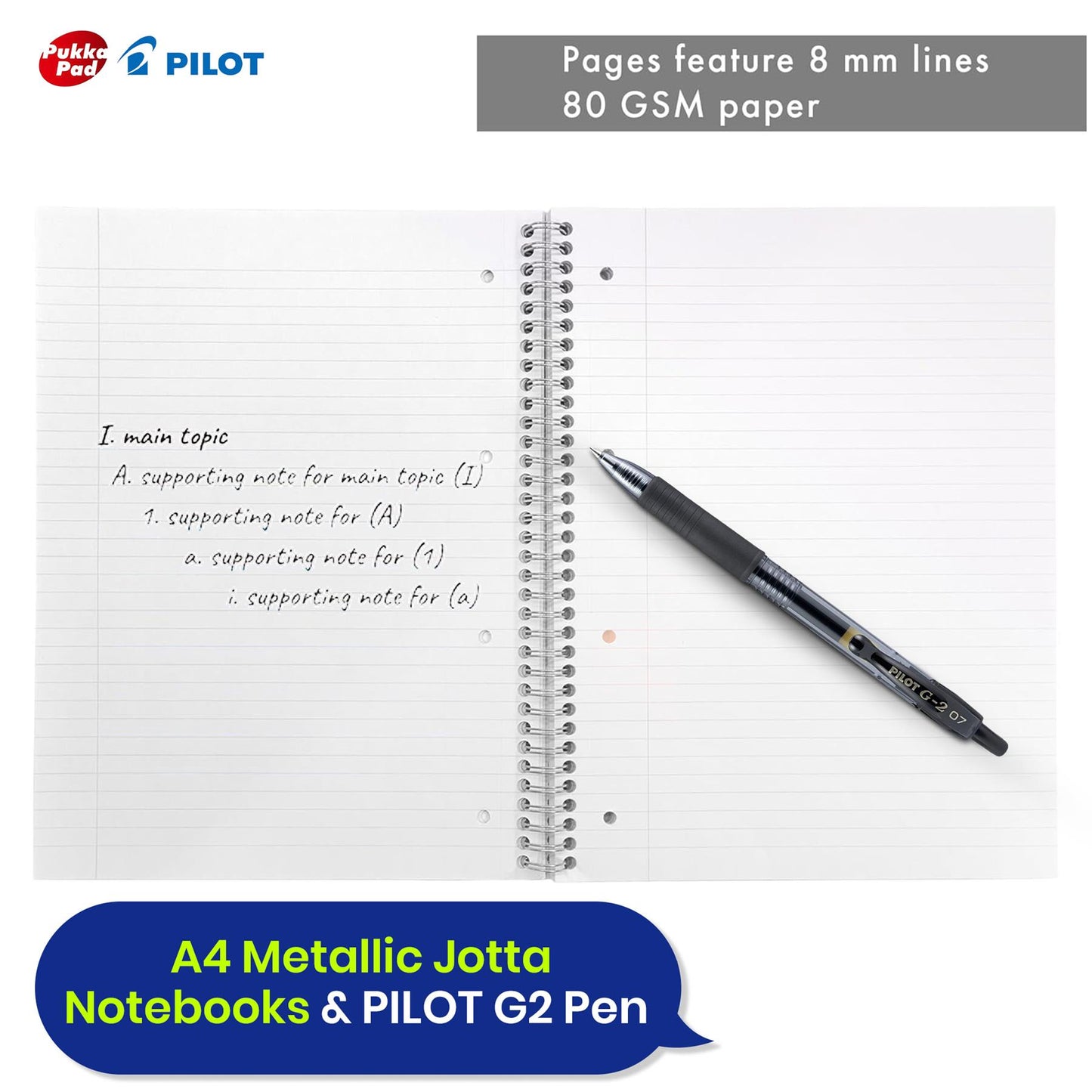 Pukka Pad 3x A4 Jotta Notebook & Pilot 6x G2 Assorted Pens Ideal for School and Office Use