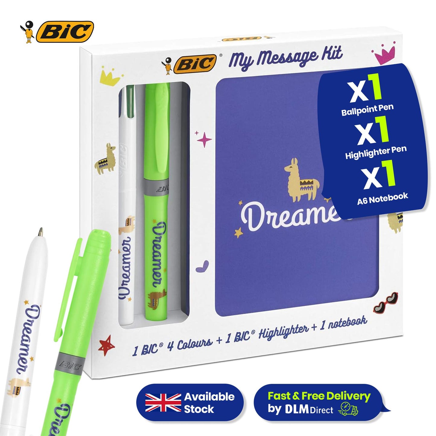 8x BIC Intensity Felt Tip Pens & 12x BIC Conte Colouring Pencils with My Message Dreamer Kit for School