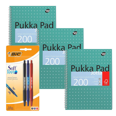 Pukka Pad 3x A4 Jotta Notebook & BIC Soft Feel Ballpoint Pens Pack of 3 Ideal for School and Office Use