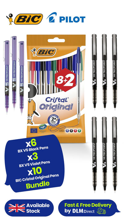 Pilot BX V5 Hi-Tecpoint Rollerball 3-Pack Violet & 6-Pack Black Pens, BIC 10-Pack Cristal Multi-Colour