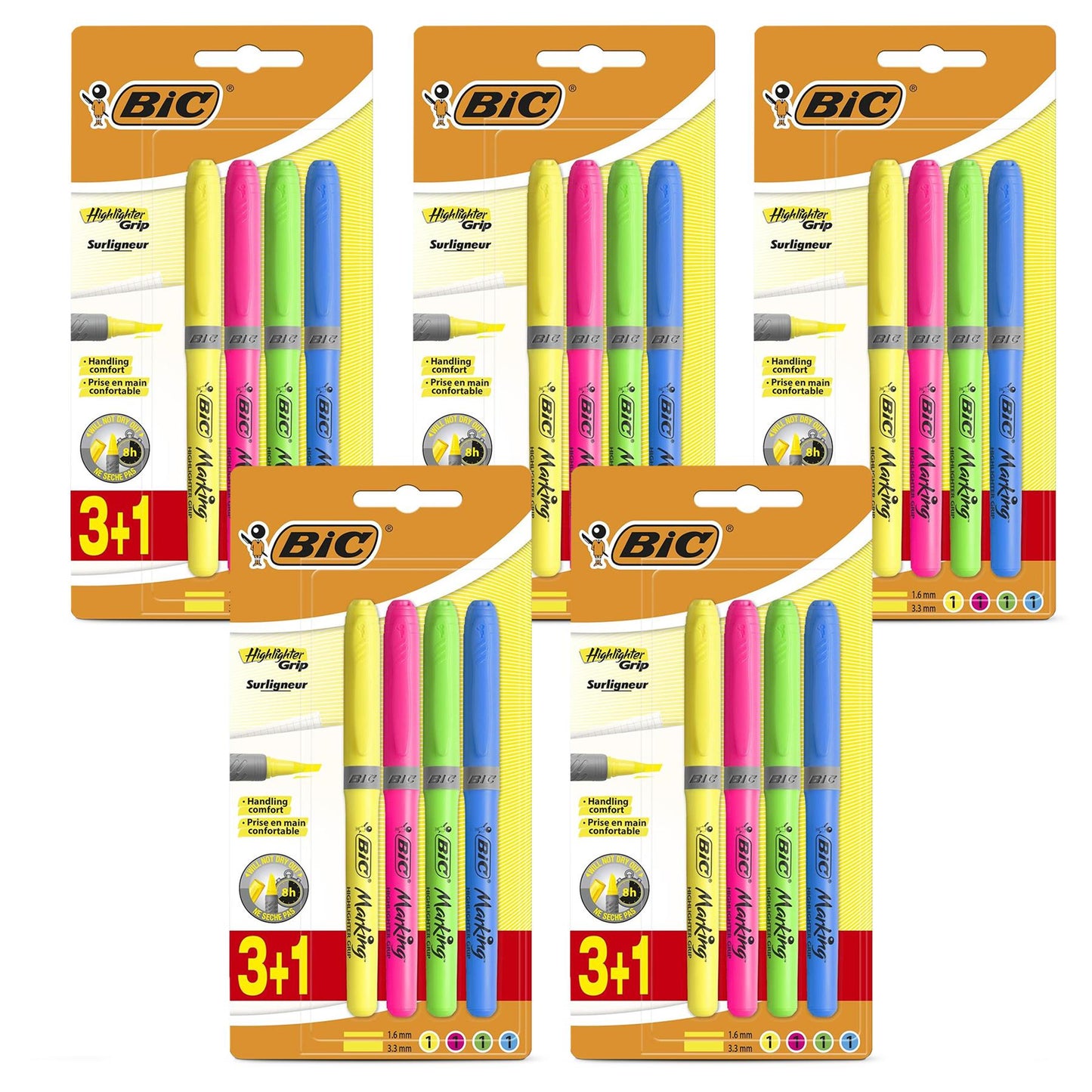 BIC Briteliner Grip Highlighters - Yellow/Blue/Green/Pink (Pack of 4)