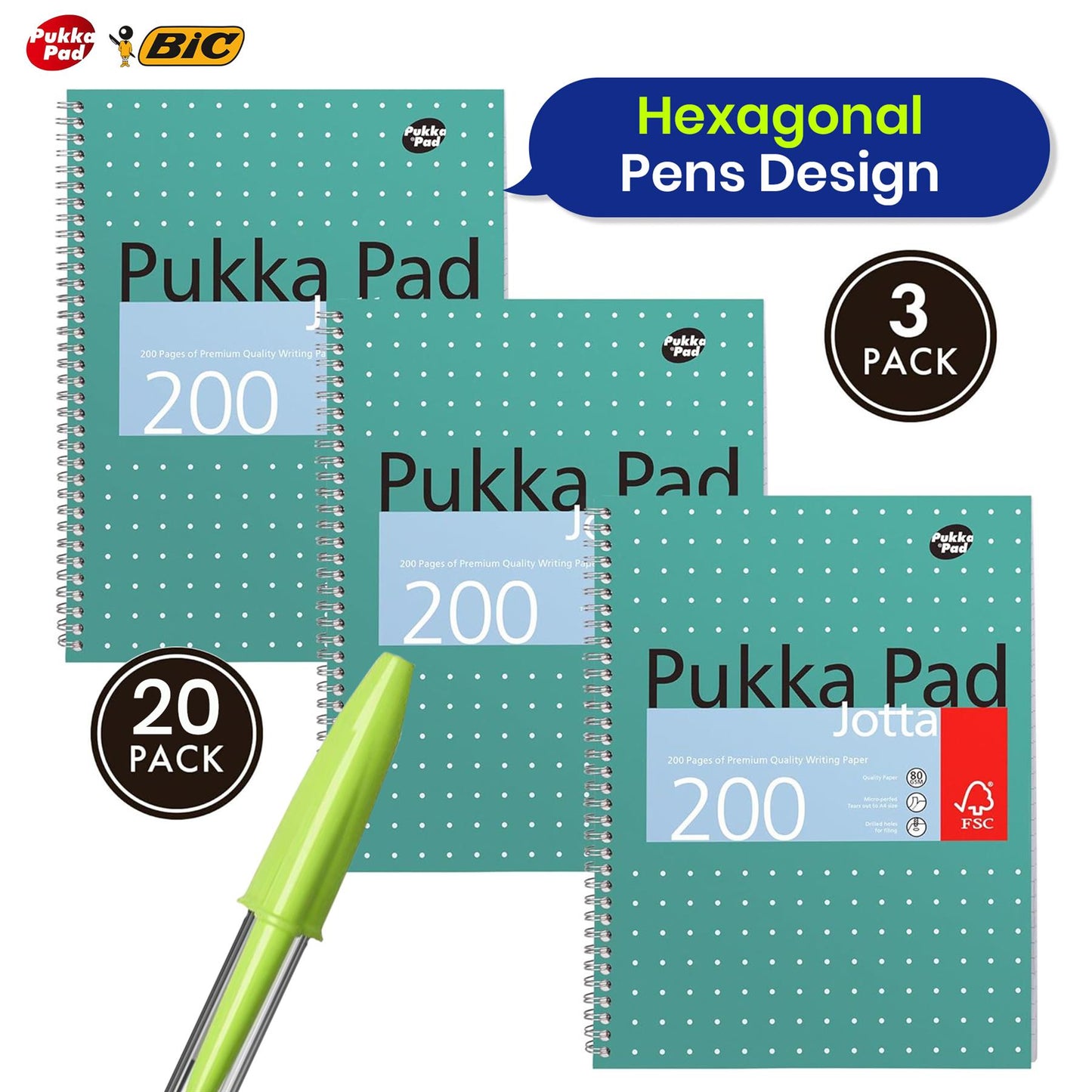 3x Pukka Pad Notebooks & 20x BIC Cristal Fun Lime Green Pens for School & Office Use