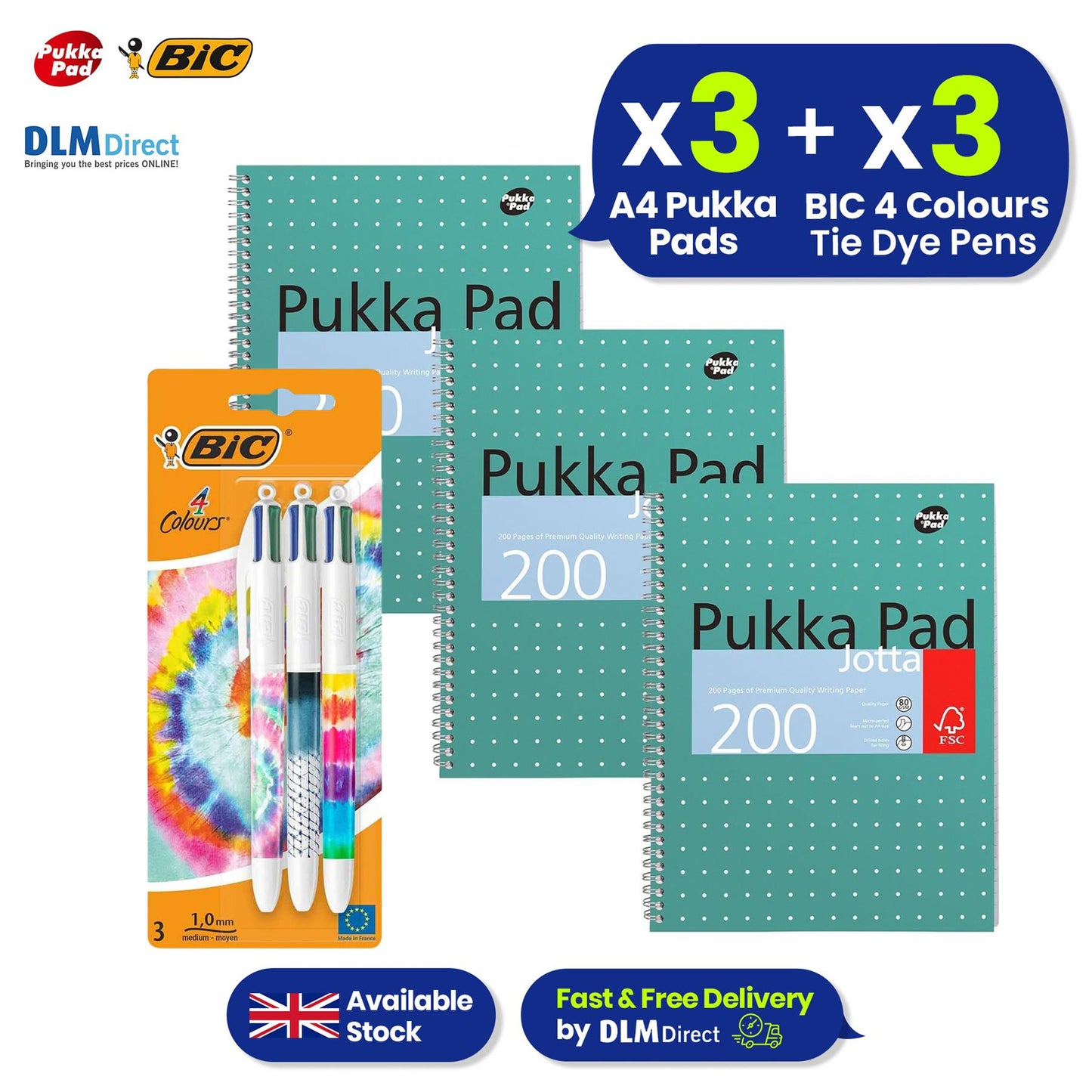 Pukka Pad 3x A4 Jotta Notebook & 3x BIC 4 Colour Tie Dye Ballpoint Pens1.0mm Medium Tip Ideal for School and Office Use