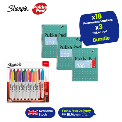 Sharpie Fine Permanent Marker Assorted - Blister Pack of 18 + PUKKA WHITE A4 WIREBOUND PADS 200 page 80gsm  (RULED/MARGIN) - PACK OF 3