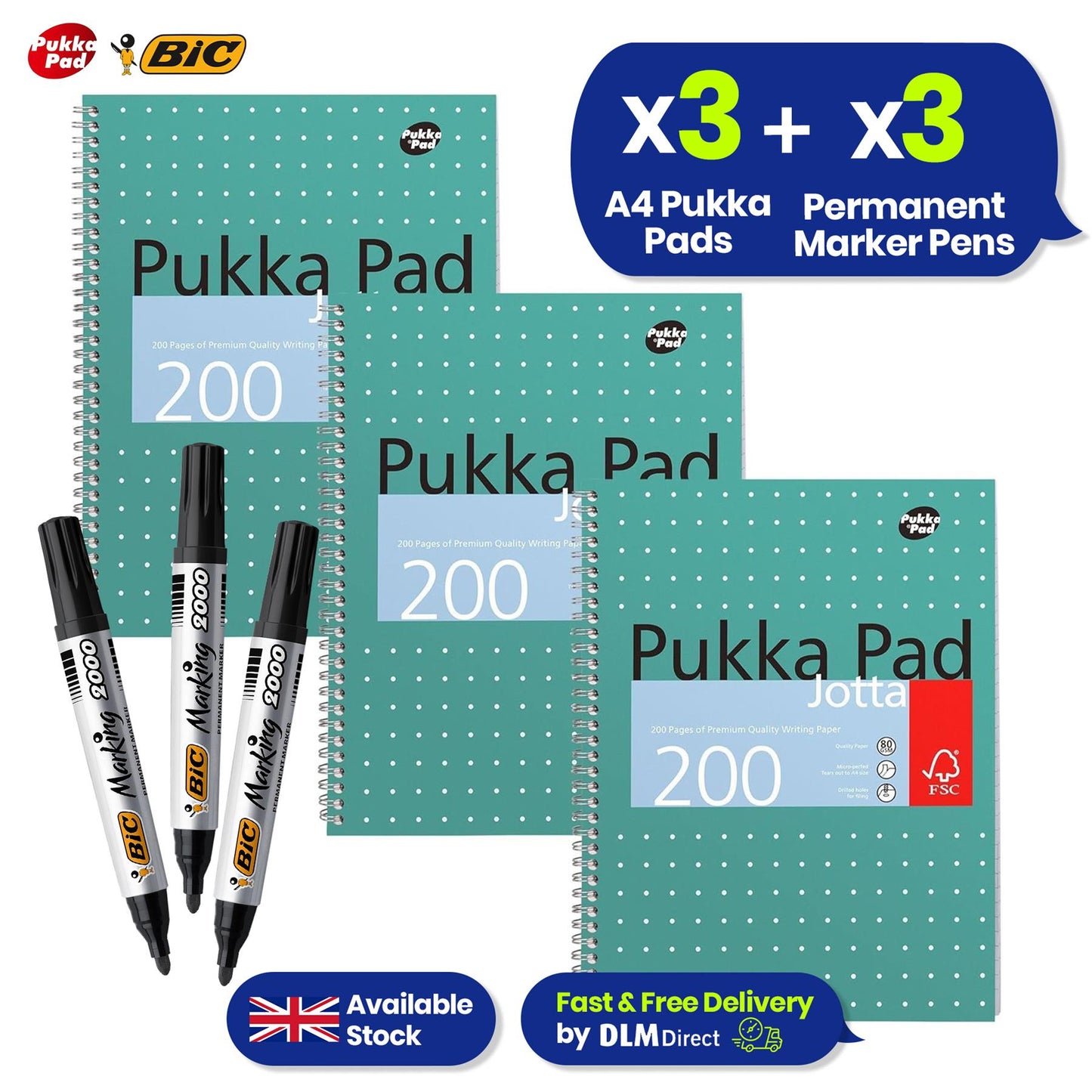 Pukka Pad, A4 Metallic Jotta Book 3 Pack + BIC Marking 2000 ECOlutions Permanent Bullet Tip Markers - Black, (Pack of 3)