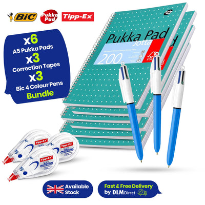 Pukka Pads A5 Notebook 6-Pack, 200 Pages, Tipp-Ex Mini Pocket Mouse 3-Pack & BIC 4 Multi-Colour Pens