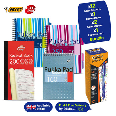 Pukka Project Pads A4 80gsm 5 Coloured Movable Dividers + Pukka Pad, Reporter�s Pad 3 Pack + Pukka Pad, NCR Duplicate Receipt Book 140 x 276mm. 4 Receipts per Page. 200 Duplicate Sets + BIC Gel-ocity Quick Dry, Blue, Pack of 12