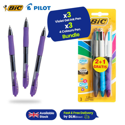 3x Pilot G2 Violet Gel Pen & 3x BIC Grip 4 Colour Retractable Pens Perfect Pack for Students & Pros