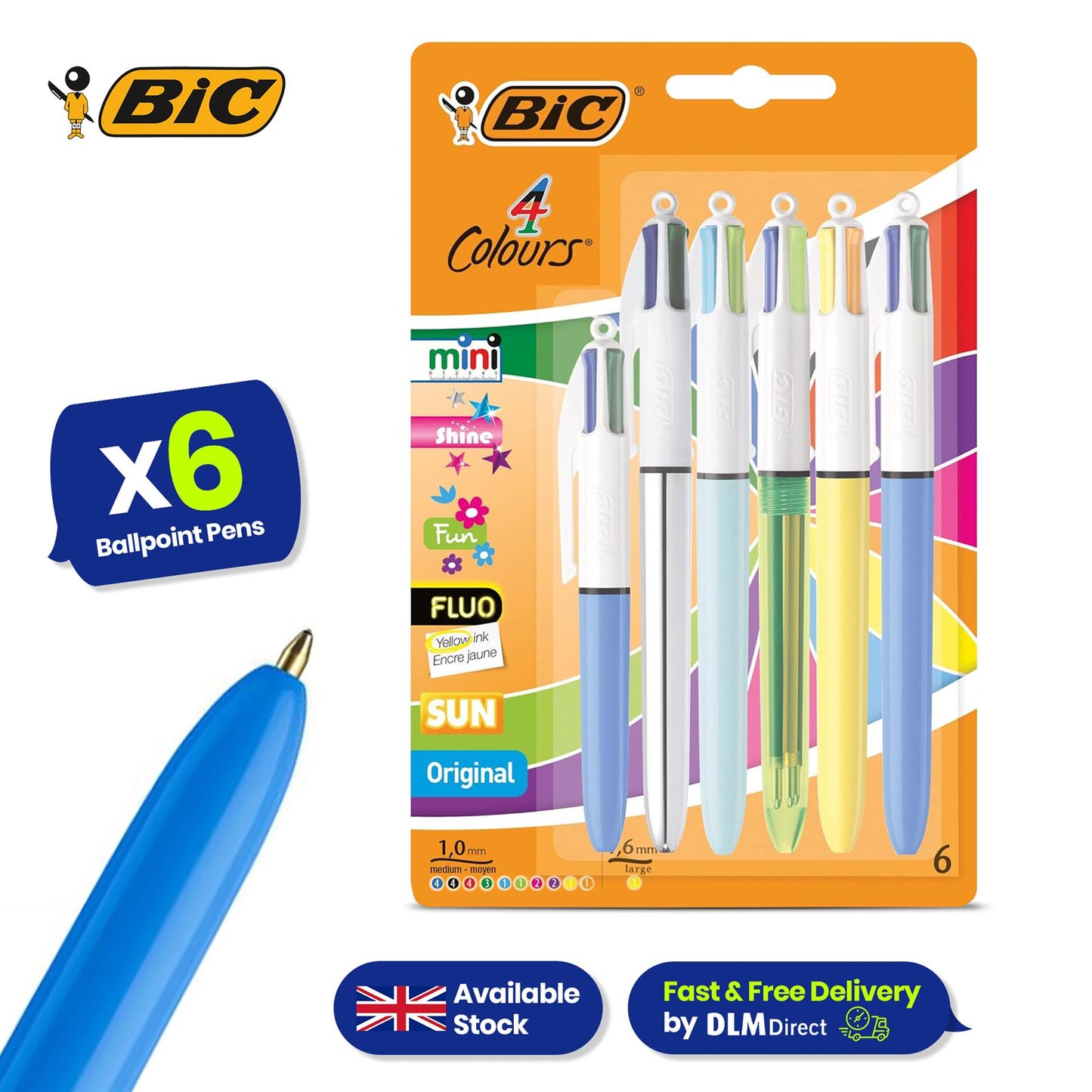 BIC 4 Colour Ballpoint Pens 6 Packs and 3x Pukka Metallic A5 Pad & 12 BIC Conte Colouring Pencils for School & Office