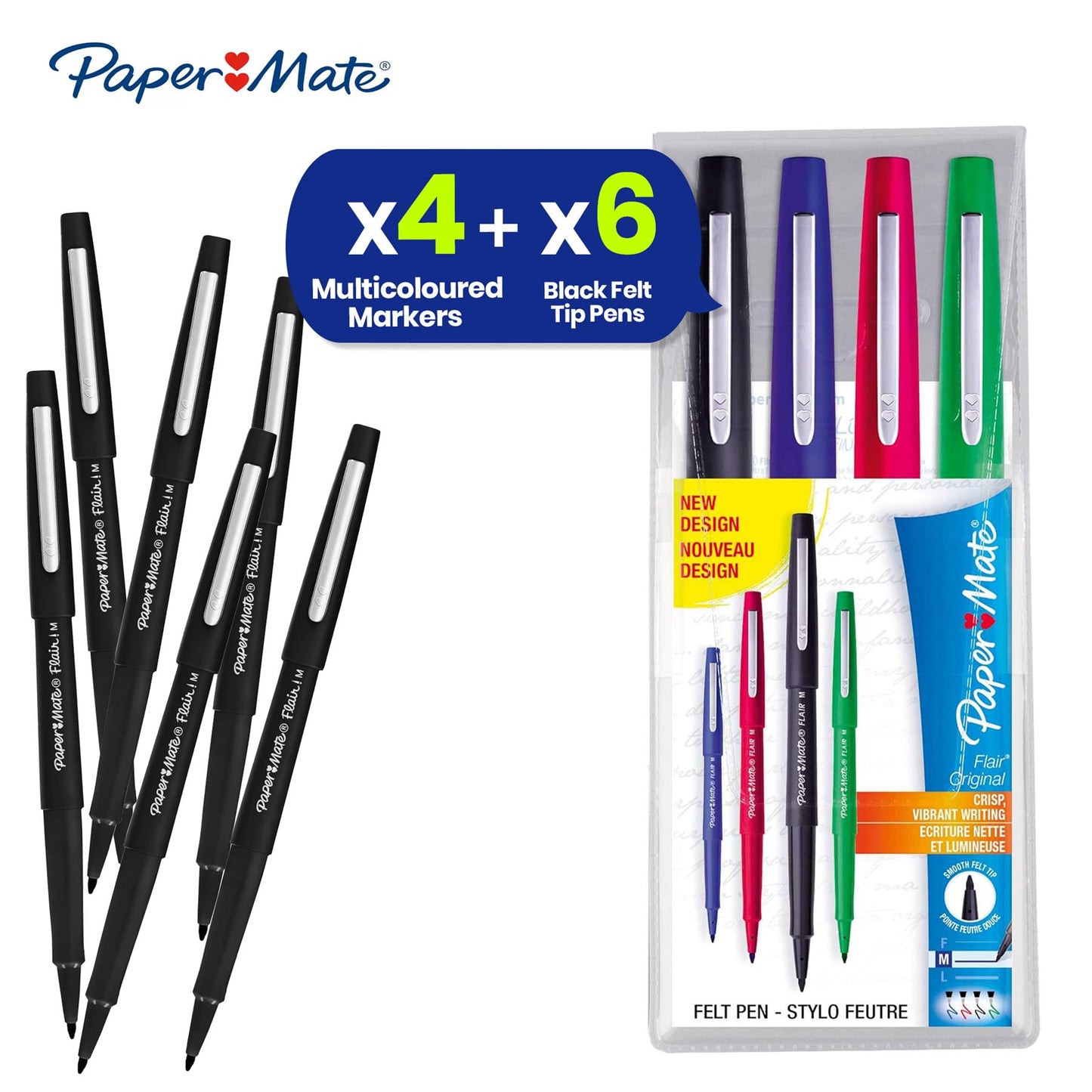 Papermate Flair Black Pack of 6 + Papermate Flair Assorted Colors 1Blue, 1Red, 1Green, 1Black