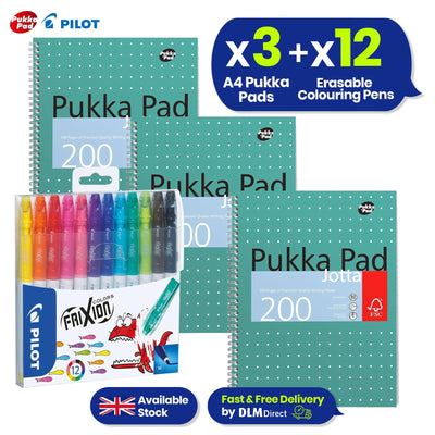 Pukka Pad 3x A4 Jotta Notebook & 12x Pilot Frixion Fibre Tip Colouring Pen Ideal for School and Office Use