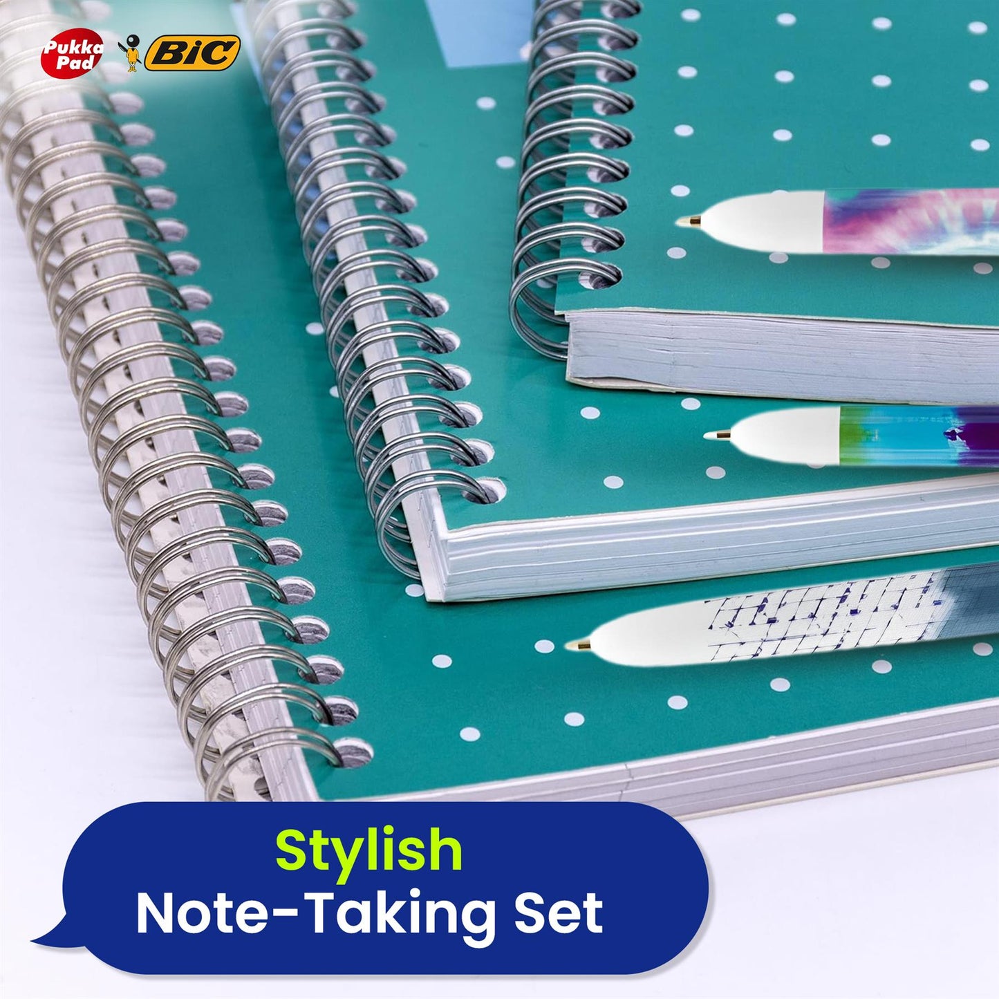 Pukka Pad 3x A4 Jotta Notebook & 3x BIC 4 Colour Tie Dye Ballpoint Pens1.0mm Medium Tip Ideal for School and Office Use