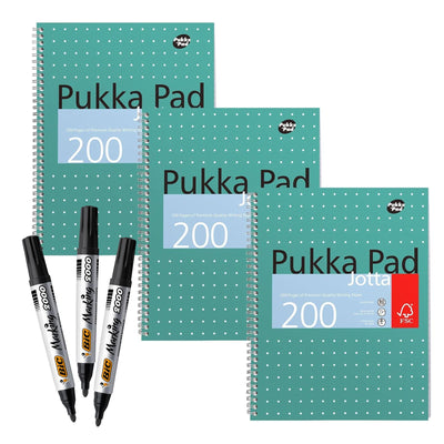 Pukka Pad, A4 Metallic Jotta Book 3 Pack + BIC Marking 2000 ECOlutions Permanent Bullet Tip Markers - Black, (Pack of 3)