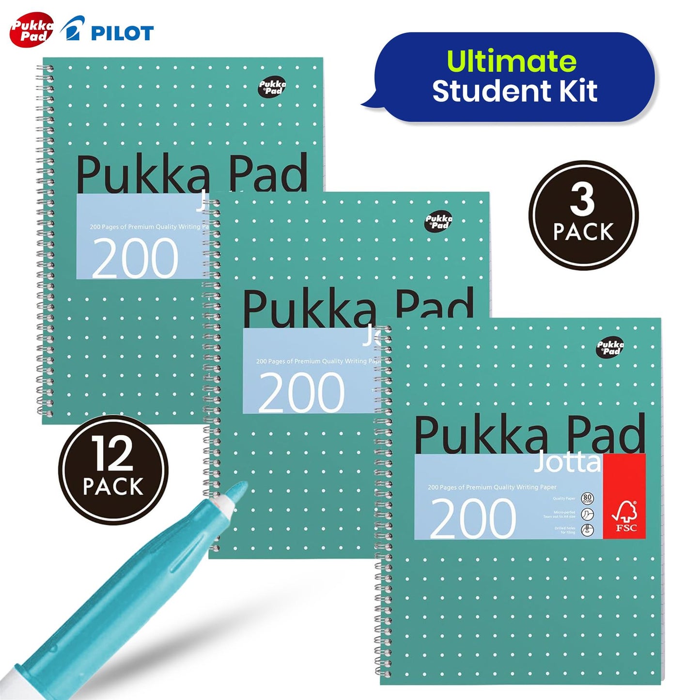 Pukka Pad 3x A4 Jotta Notebook & 12x Pilot Frixion Fibre Tip Colouring Pen Ideal for School and Office Use