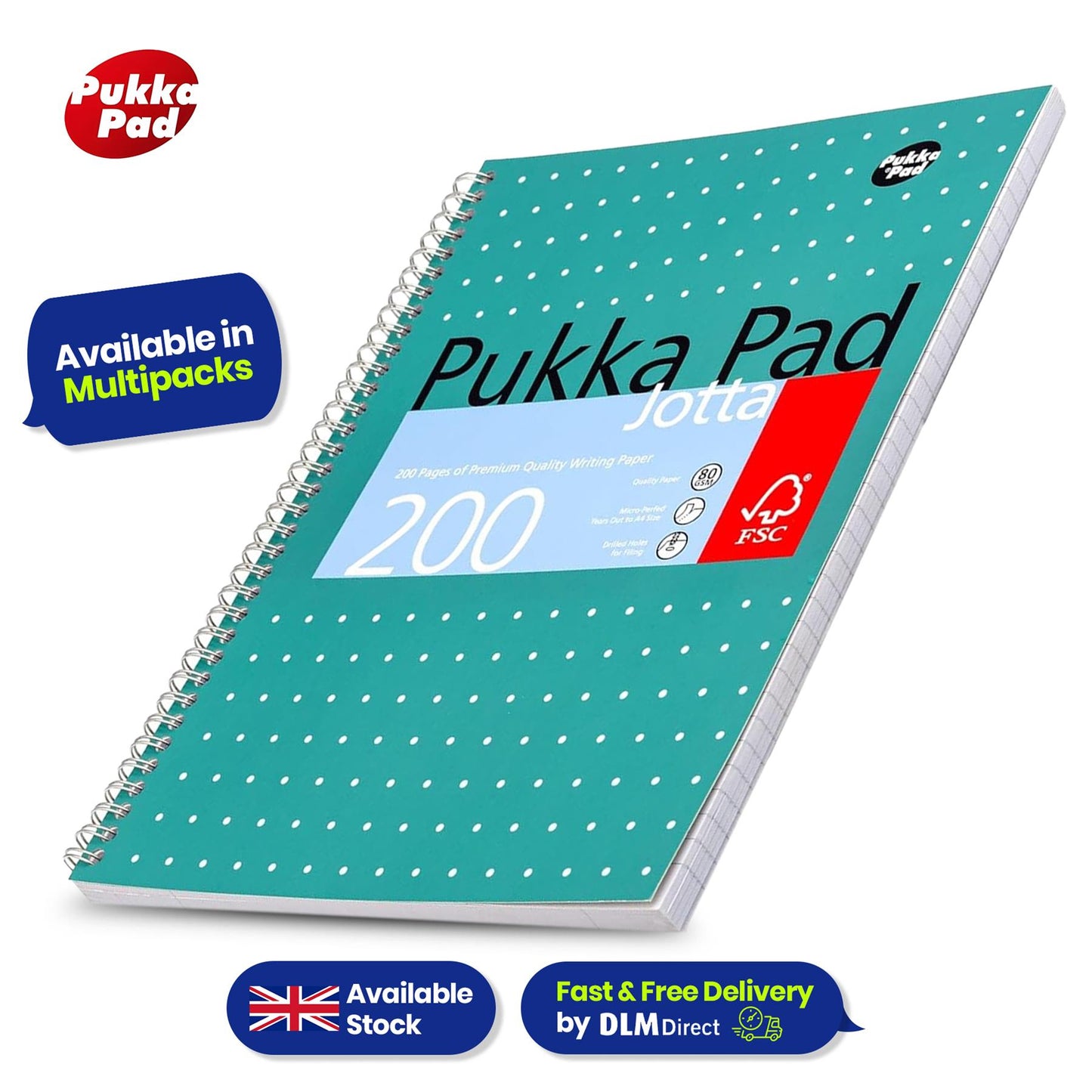 Pukka Pad A4+ Metallic Jotta Book, 200 Pages, 8mm Lined Green, 80 GSM, Wirebound & Perforated for School & Office Use