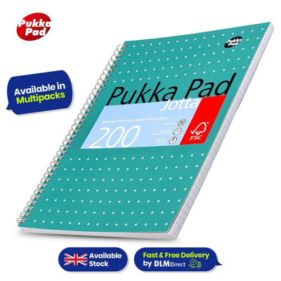 Pukka Pad A4+ Metallic Jotta Book, 200 Pages, 8mm Lined Green, 80 GSM, Wirebound & Perforated for School & Office Use