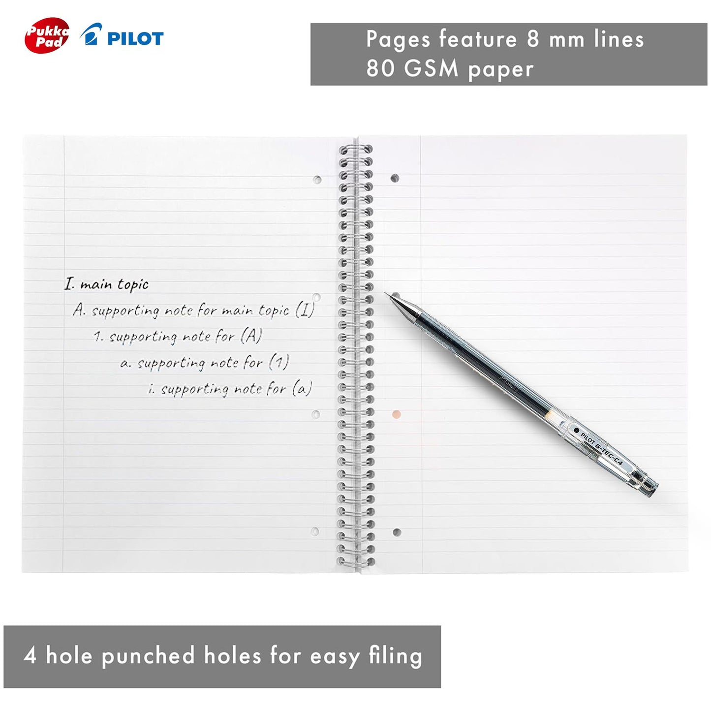 Pukka Pad 3x A4 Jotta Notebook & 3x Pilot G-Tec C4 Gel Rollerball Pen Ideal for School and Office Use