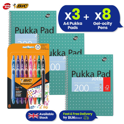 Pukka Pad, A4 Metallic Jotta Book 3 Pack � 21 x 30cm + Bic Gel-ocity Quick Dry Ballpoint Pens - Assorted Colours, Pack of 8