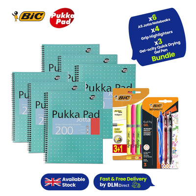 6x Pukka Pads Notebook Wirebound Jotta 80gsm Ruled 200 Pages, 3x BIC Gel Pens & 4x Highlighters Perfect for School & Work