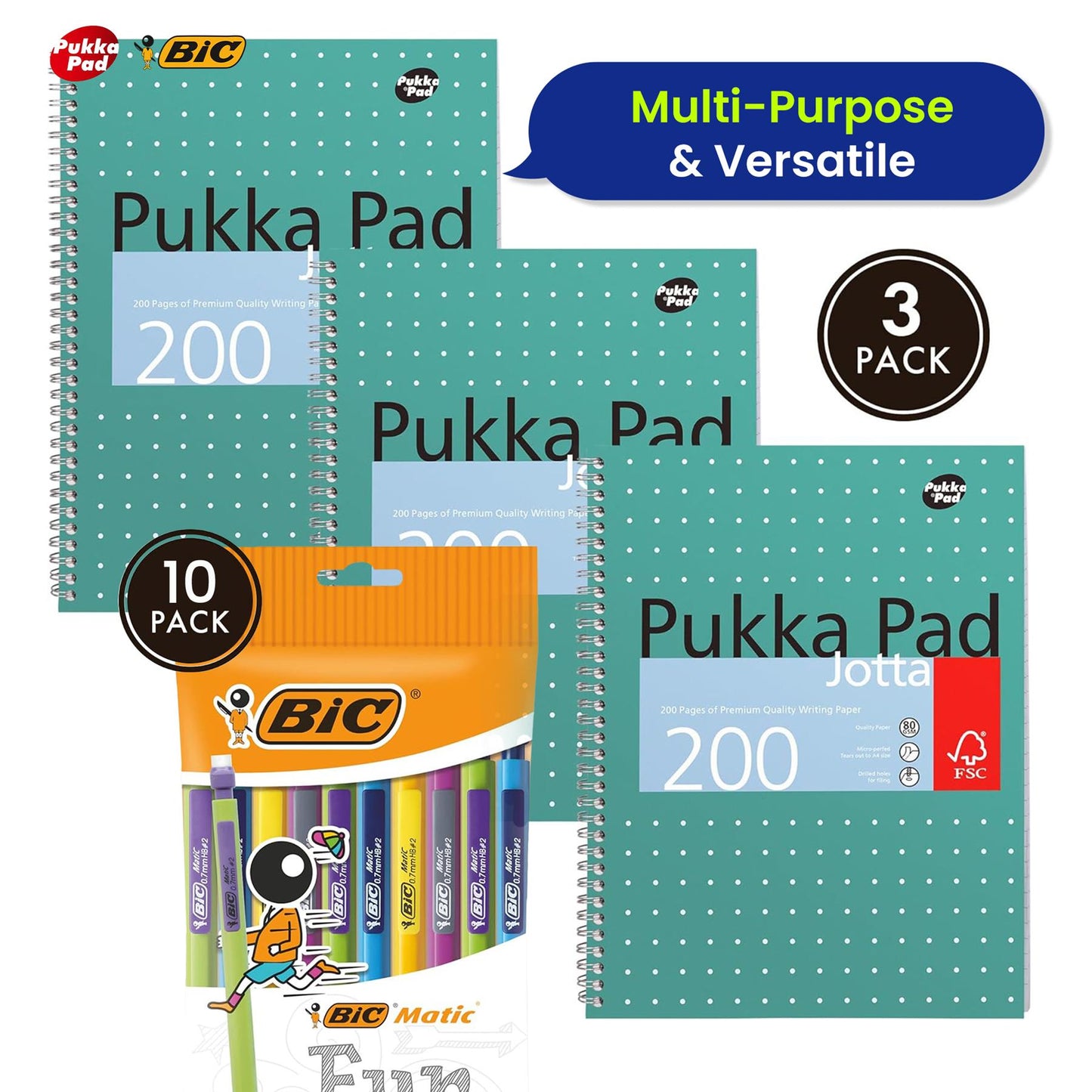 Pukka Pad 3x A4 Jotta Notebook & 10x BIC Matic Mechanical Pencils 0.7mm Tip Ideal for School and Office Use