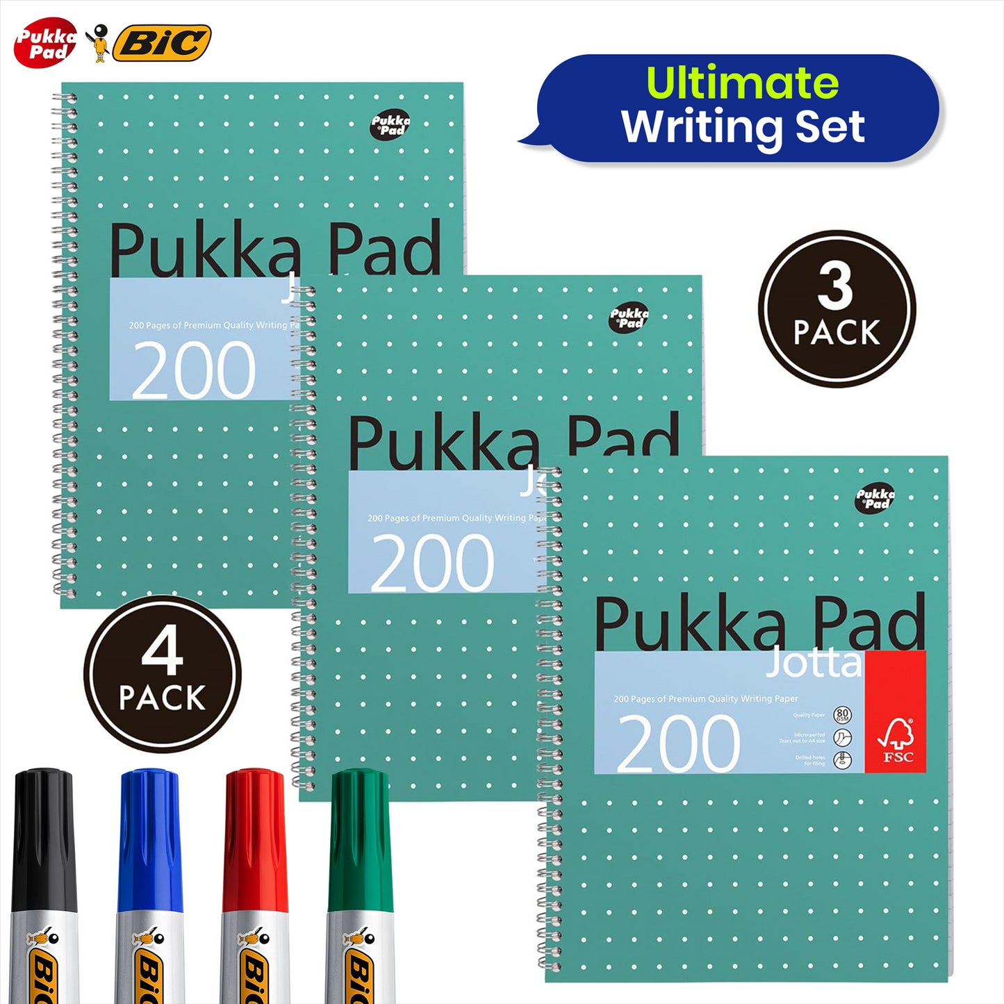 Pukka Pad 3x A4 Jotta Notebook & 4x BIC Marking 2000 Permanent Marker Ideal for School and Office Use