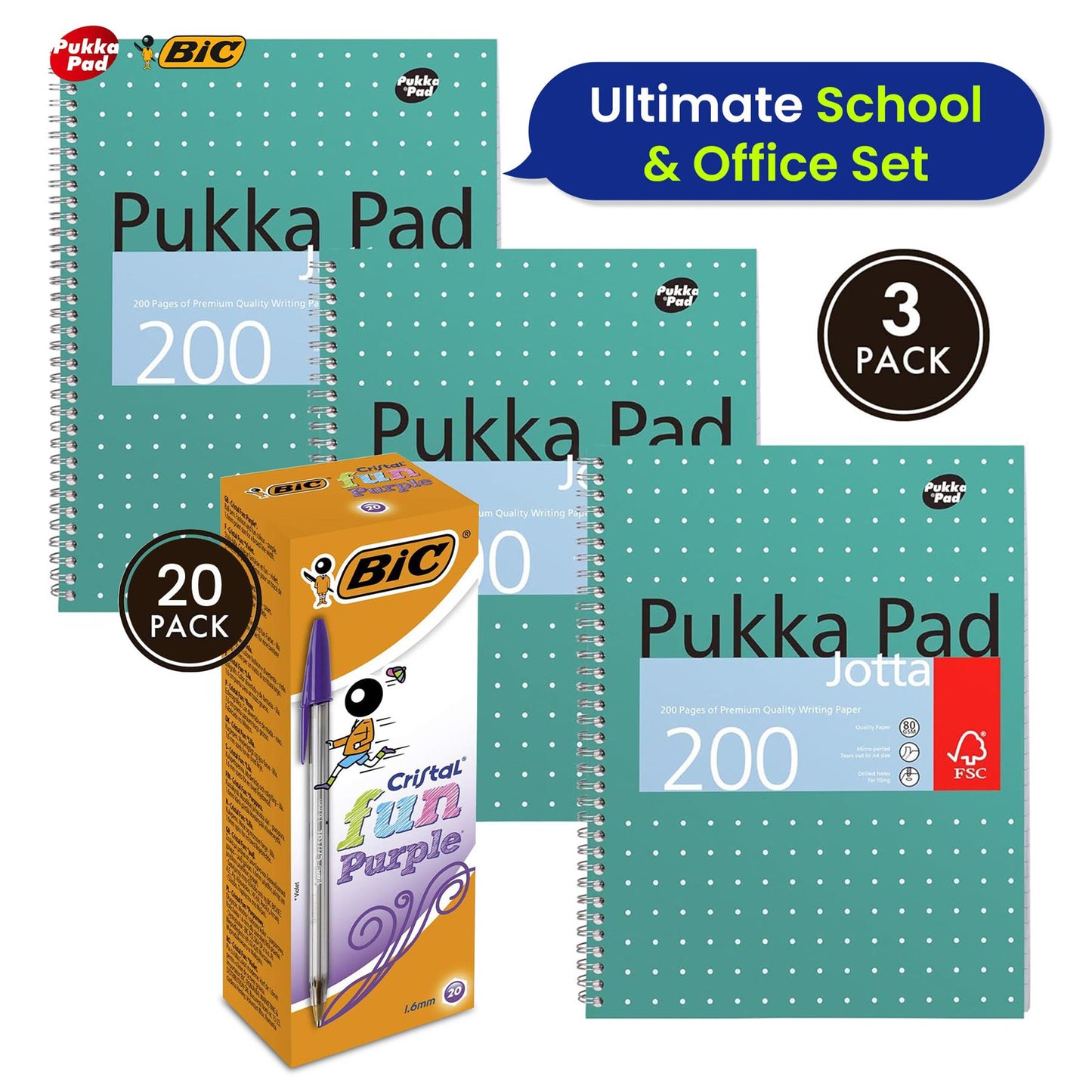 Pukka Pad 3x A4 Notebook 200 Pages & 20x BIC Cristal Fun Purple 1.6mm Pens