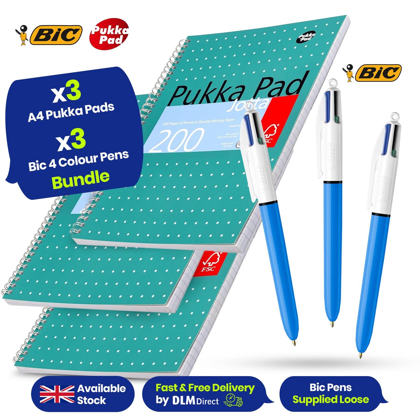 Pukka Pad A4 Metallic Jotta Book 3 Pack & BIC 4 Colours Original Ballpoint Pens Pack of 3, Wirebound Notebook with 200 Pages & Multi-Coloured Pens for School & Office Use