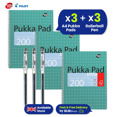 Pukka Pad 3x A4 Jotta Notebook & 3x Pilot G-Tec C4 Gel Rollerball Pen Ideal for School and Office Use