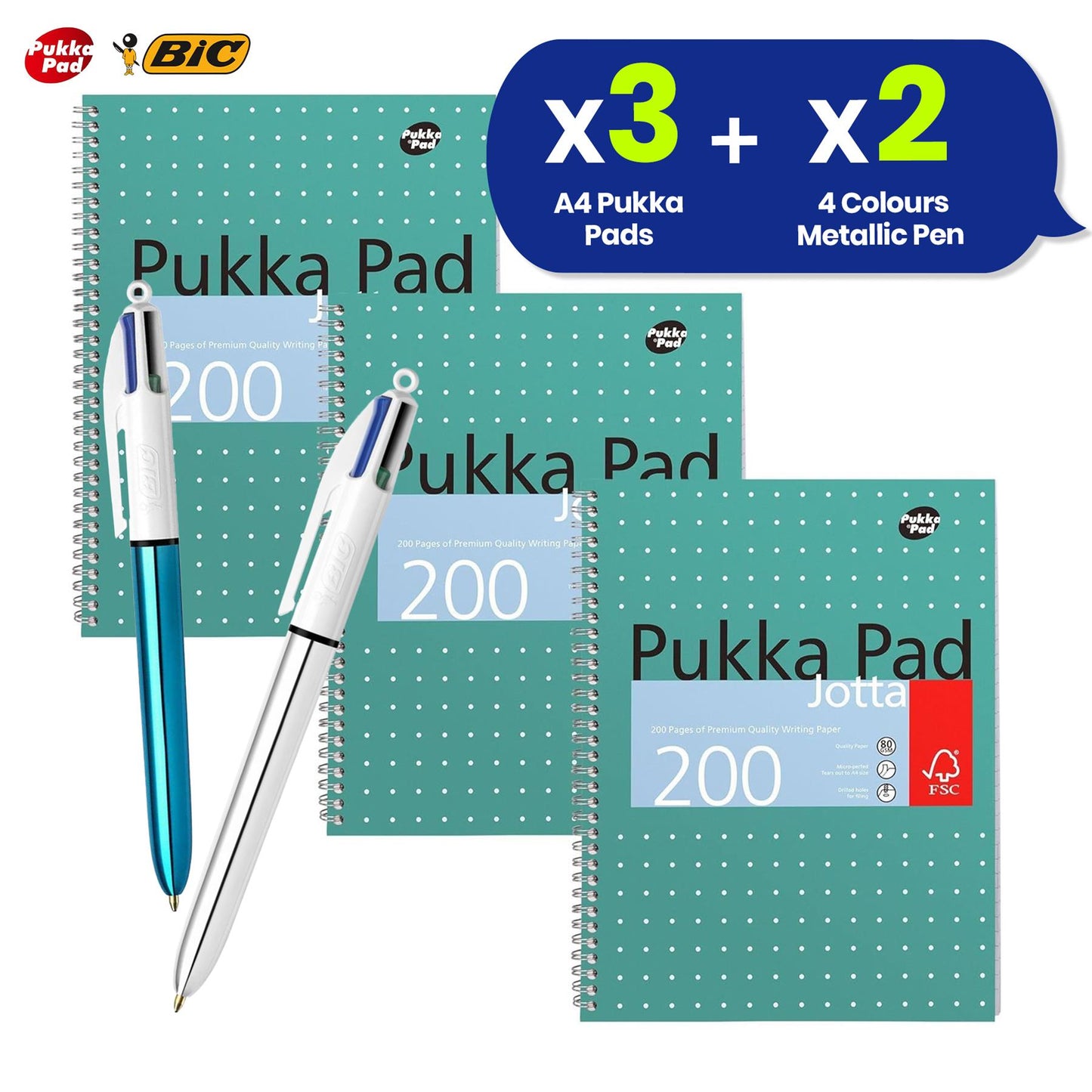 Pukka Pad, A4 Metallic Jotta Book 3 Pack � 21 x 30cm + BIC - Bic 4 Color Metallic Pen 2Pk